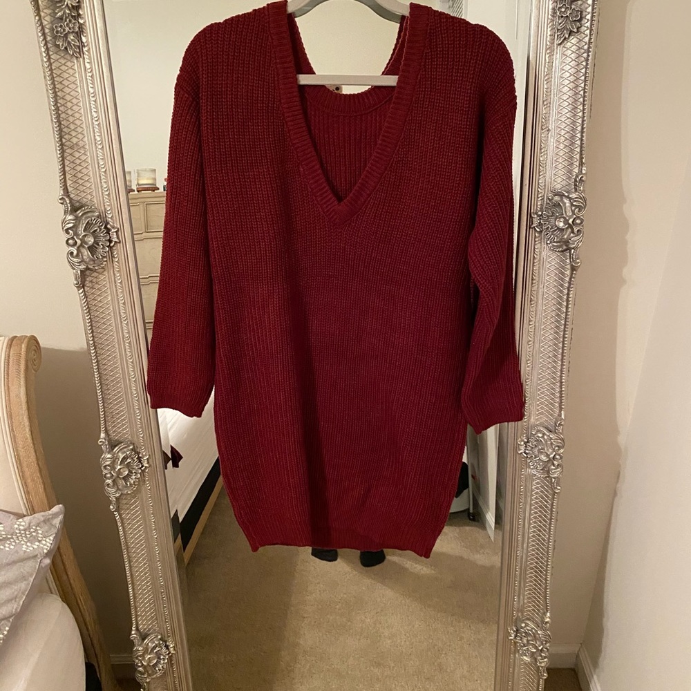 Wine Red Backless Sweater Dress